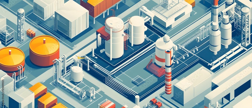 Poster an abstract aerial view of an industrial complex featuring various structures like tanks and pipelin