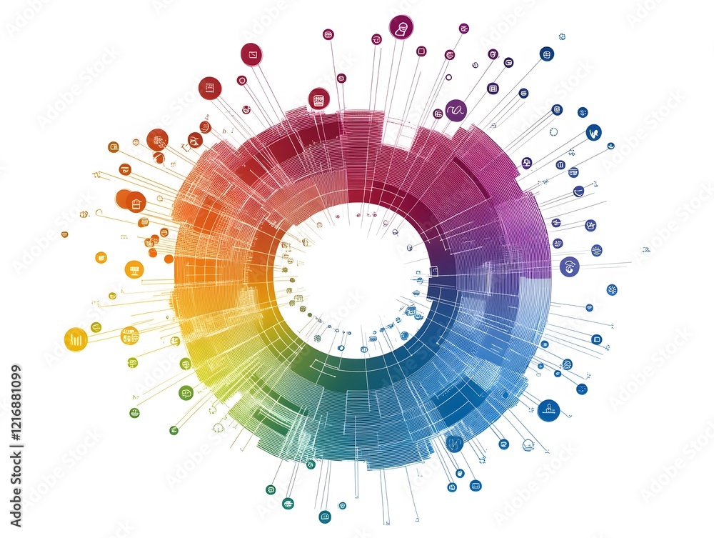 Poster an abstract colorful pattern representing data visualization, featuring circular shapes and numerous