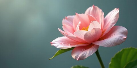 Obraz premium A Delicate Pink Blossom with Gentle Dew Drops, Illuminated by Soft Sunlight, Against a Serene Background
