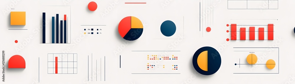 Poster an abstract illustration displaying various data visualizations, including bars, pie charts, and gra