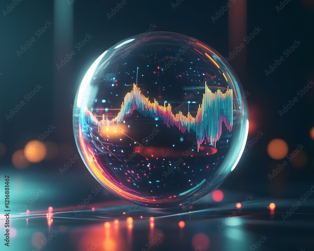Poster an abstract representation of data analysis in a glass sphere, showcasing colorful graphs and digita