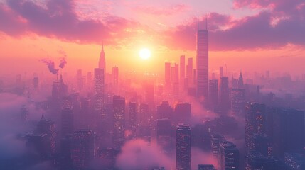 Sunset over a hazy city skyline, skyscrapers bathed in warm light.