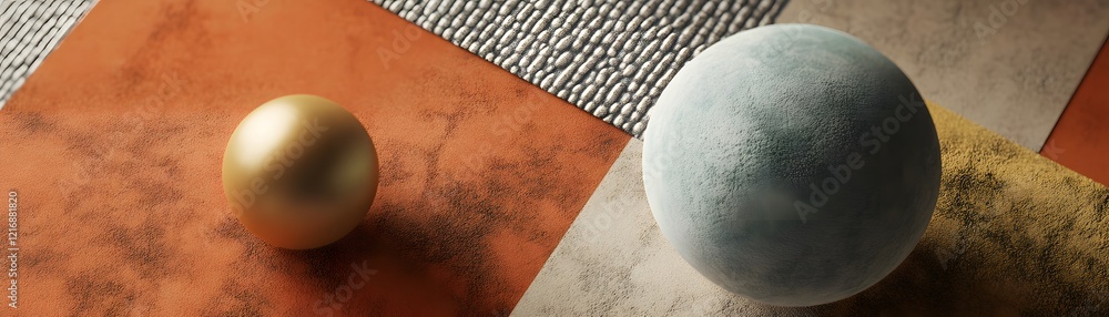 Poster an artistic composition featuring two spherical objects in contrasting colors on a textured backgrou