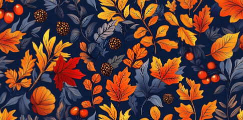 Seamless Autumnal Pattern Featuring Leaves Acorns and Wildflowers on Navy Background