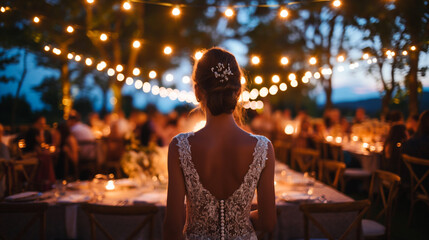 Fototapeta premium Back view of beautiful bride in dress standing at the wedding party, lights garland on background, night time. Wedding decoration, copy space for text. Generative AI.
