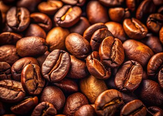 Close-Up of Aromatic Coffee Beans, Rich Brown Roasted Coffee Beans Texture Background