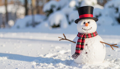 Fototapeta premium Cheerful snowman standing proudly in winter landscape, festive fun