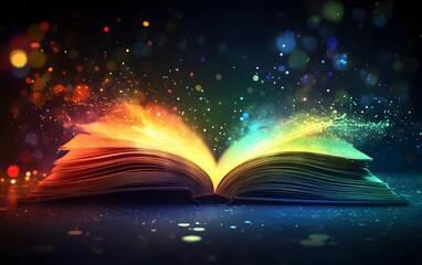 An open book with vibrant, colorful sparks emanating from its pages, representing creativity and the power of knowledge