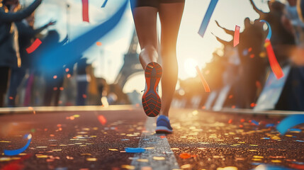 Close up of a woman runner in sportswear running along the track. Summer Olympic games in Paris, France. Generative AI. Space for text. Generative AI.