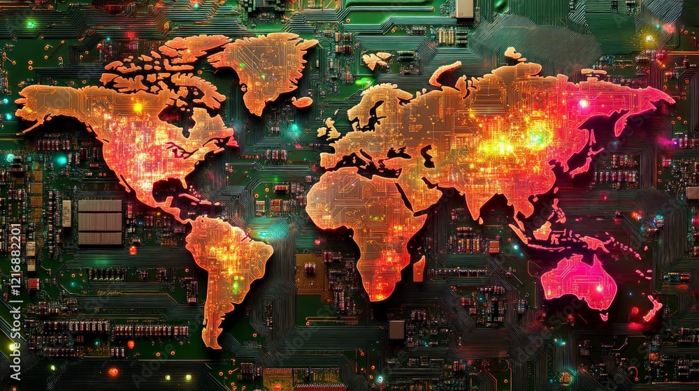 Wall mural abstract world map design with neon lights and circuit background