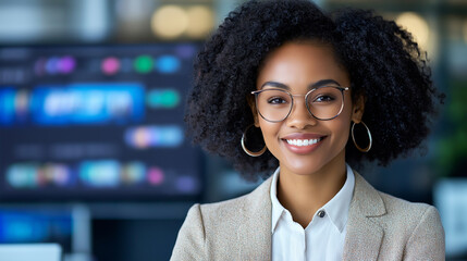 Fototapeta premium Innovative professional utilizing AI-based recommendation systems for streaming services to enhance user experience in a modern office environment