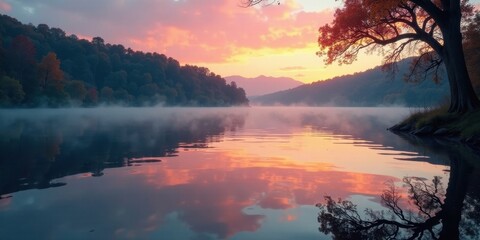 Naklejka premium Serene Autumn Dawn Misty Lake Reflecting a Vibrant Sunrise Over Forested Hills
