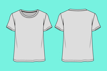  Ladies crew neck short sleeve t-shirt flat sketch outline.
