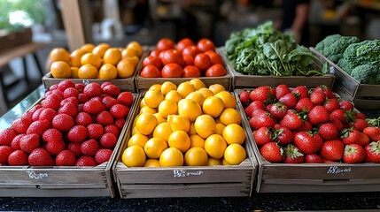 Vibrant Display of Fresh Fruits and Vegetables in Wooden Crates