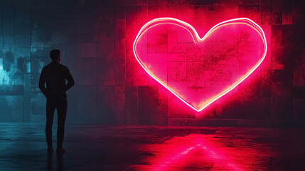Bright neon heart emitting a warm glow on a dark black wall