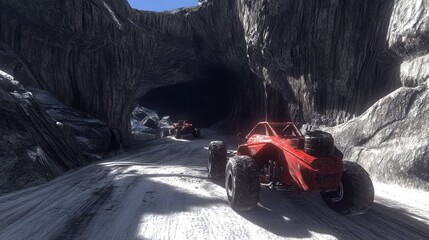 Vehicles Crawling Through Narrow Mountain Pass