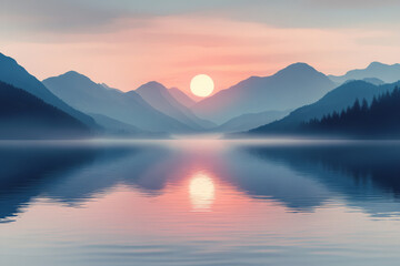 Serene sunset over calm lake with misty mountains in background
