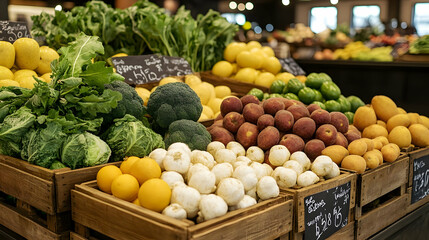 Assortment of Fresh Fruits and Vegetables in Wooden Crates at a Market