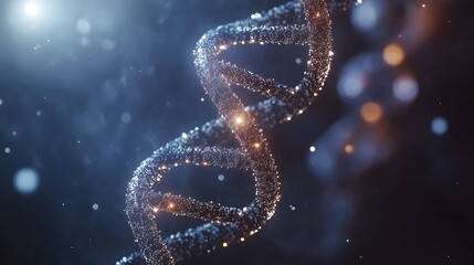 Abstract DNA Strand Digital Art Sparkling Glowing Particles Elegant Blue Background Modern Science Technology Medical Research Genetic Code Helix Structure     