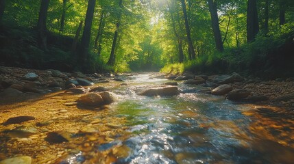 Sunlit creek flows through forest, summer