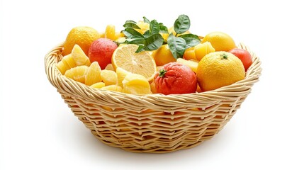 Fresh Fruits in a Woven Basket with Green Leaves on White Background