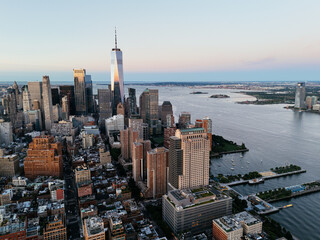 Naklejka premium 11th of September 2024. Drone flight to World Trade Center, New York City, USA