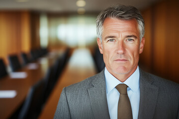 Naklejka premium confident businessman in conference room with blurred background