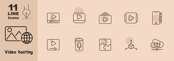 Video player, mobile recording, editing app, microphone, cube, puzzle, network, and cloud storage. Highlights video uploading, sharing, and management features.