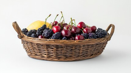 Fresh Mixed Berries and Cherries in Woven Basket on Light Background