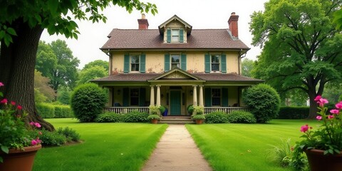 Serene Suburban Residence with Lush Greenery and Well-Maintained Lawn, Featuring a Charming Porch and Vibrant Flowers