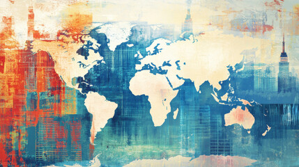 Global-themed presentation background featuring world maps, cultural elements, and international imagery, suitable for global business, diplomacy, and cultural presentations