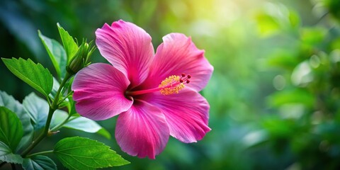 Fototapeta premium Pink hibiscus flower in full bloom with delicate petals and vibrant pink color, set against a natural green leaf background