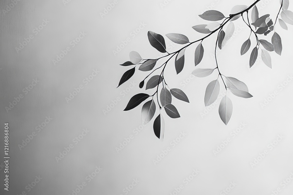 Aufkleber branch with delicate leaves against a soft gray background creating a serene and minimalist atmosphe