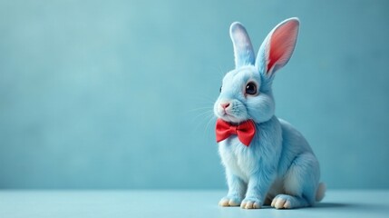 A charming light blue bunny, adorned with a vibrant red bow tie, sits against a serene aqua backdrop.  Its fluffy fur and attentive gaze create a captivating image.