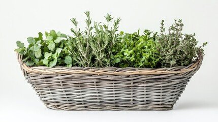 Naklejka premium Fresh Herbs in a Decorative Grey Wicker Basket for Culinary Use