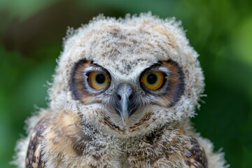 Obraz premium Close up of a great horned owlet chick with fluffy feathers and striking yellow eyes