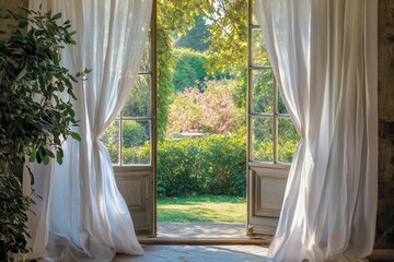 Open window with light sheer curtains flowing in the breeze, view of the garden outside.