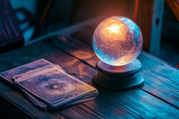 A glowing crystal ball styled on a dark wooden table with a small stack of tarot cards. picture