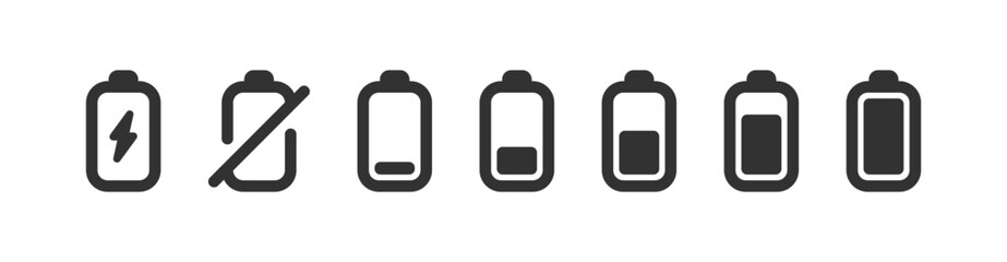 Power battery icon. Energy charge level. Electric indicator full and low. Accumulator empty.