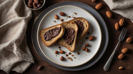 Chocolate cream on slice of toast bread, flat lay, top view. Delicious chocolate and hazelnut cream with nuts on rustic wooden table