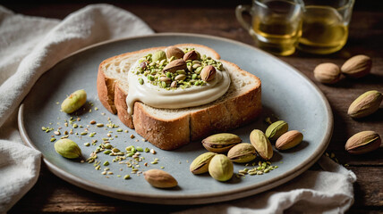 Pistachio cream on slice of toast bread, flat lay, top view. Delicious pistachio cream made with organic pistachios on rustic wooden table