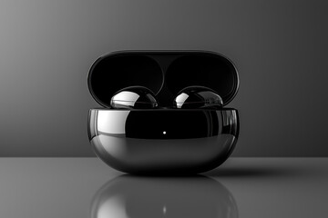 Modern wireless earbuds in a sleek black design placed inside an open charging case, minimalistic presentation on a smooth gray surface, futuristic and clean look