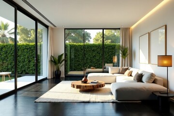 Fototapeta premium Modern Minimalist Living Room Design with Expansive Garden Views and Natural Light