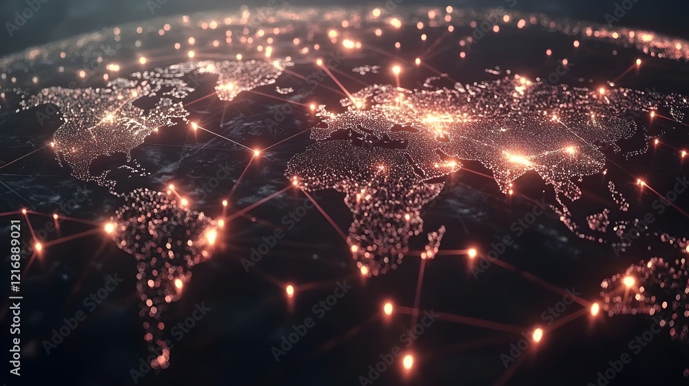 Poster global network connections digital world map abstract technology background illuminated nodes repres