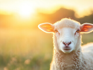 Obraz premium portrait of sheep in golden sunset light with bokeh background