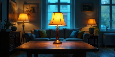 Illuminated Evening in a Cozy Living Room with Soft Lamplight and Comfortable Furniture