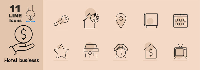 Hotel business set icon. Key, secure property, map pin, dimensions, calendar, star, water drop, alarm clock, house with cost, and television. Represents booking, pricing, and hospitality services