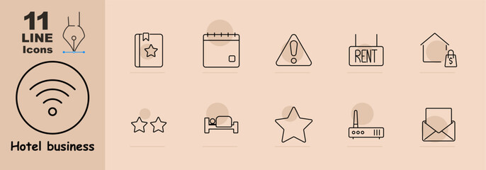 Hotel business set icon. Wifi symbol, bookmark, calendar, warning sign, rent sign, house with price tag, stars, bed, router, and email. Represents connectivity, reviews, and booking options