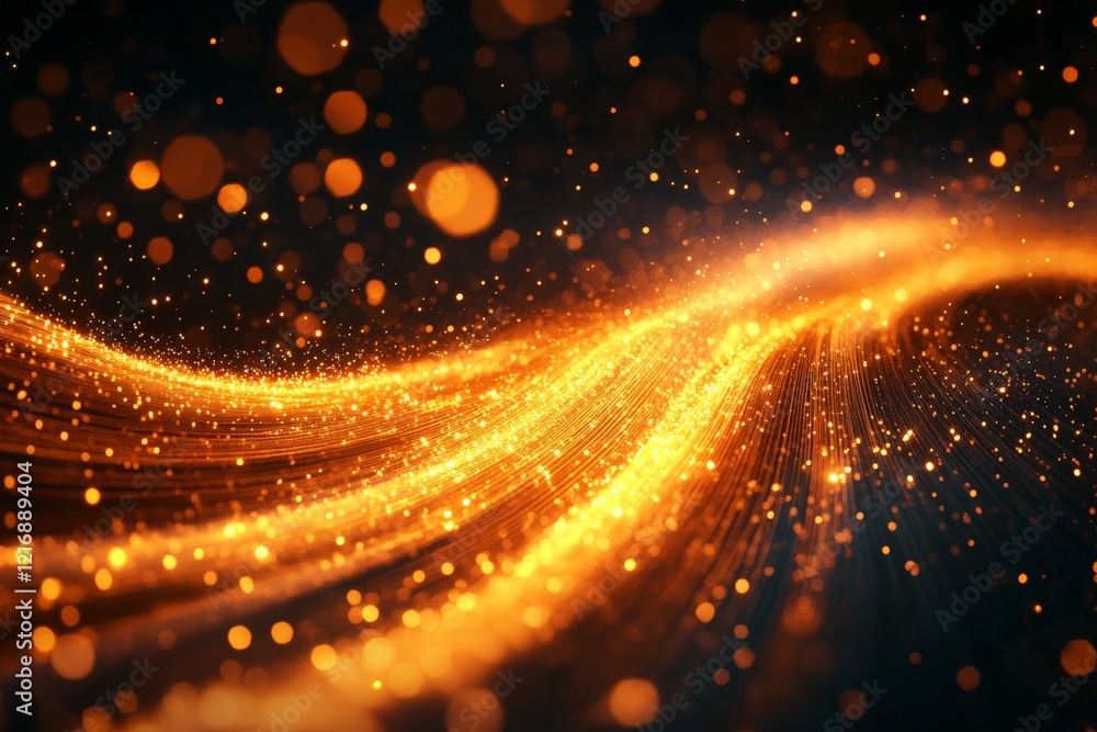 Poster shimmering golden particles create a mesmerizing wave effect in a dark setting during evening hours