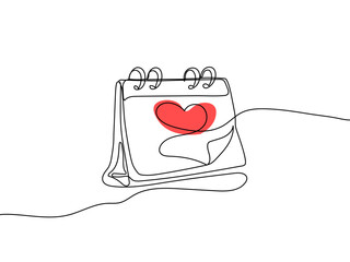 Happy valentines day continuous line drawing. One line art of loose-leaf calendar with heart